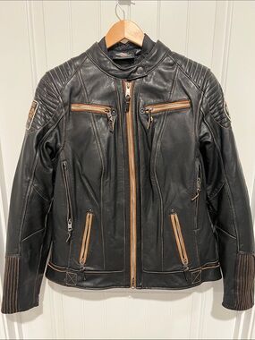 Harley-Davidson Women’s Large Black Leather Motorcycle Jacket with Orange Logo.